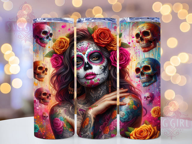 Gothic Sugar Skull Floral Tumbler Wrap, Purple Gothic Design, Dia De Muertos Art, Mexican Folk Cup, Halloween Rose Pattern, Dark Floral Wrap, Gothic Rose Sublimation Sublimation SvggirlplusArt 