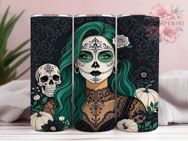 Gothic Sugar Skull Woman 20oz Tumbler, Sugar Skull, Gothic Woman, Dia De Los Muertos, 20oz Wrap, Dark Spooky, Sublimation Tumbler, Festive Pattern Sublimation Li Zamperini 