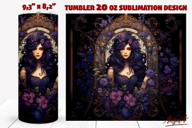 Gothic tumbler wrap, floral girl , purple flowers tumbler Sublimation Angelina Semenova 