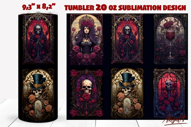 Gothic tumbler wrap / Gothic Tarot card, Queen, skull flower Sublimation Angelina Semenova 