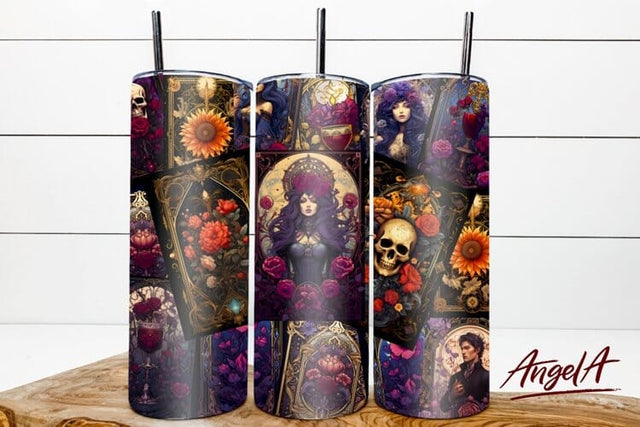 Gothic tumbler wrap / Gothic Tarot card, skull, flowers Sublimation Angelina Semenova 