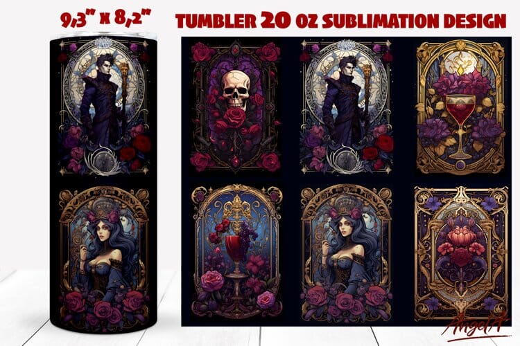 Gothic tumbler wrap / Gothic Tarot card, skull, flowers Sublimation Angelina Semenova 