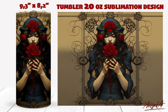 Gothic tumbler wrap / mystical tumbler / woman, red roses Sublimation Angelina Semenova 