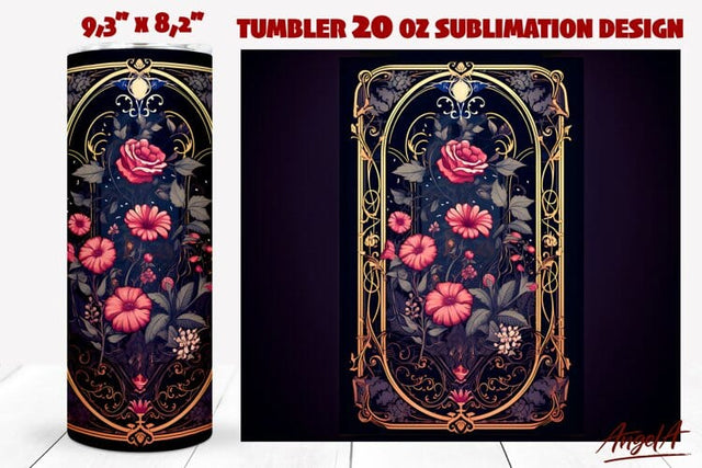 Gothic tumbler wrap, pink gothic flowers, vintage tarot card Sublimation Angelina Semenova 