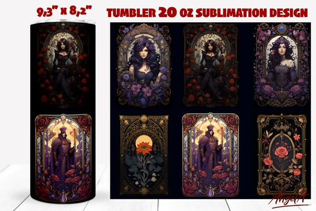 Gothic tumbler wrap PNG / Gothic Tarot card / Queen, flowers Sublimation Angelina Semenova 