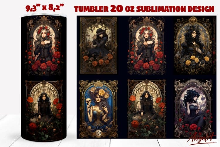 Gothic tumbler wrap PNG / Gothic Tarot card / Queen, flowers Sublimation Angelina Semenova 