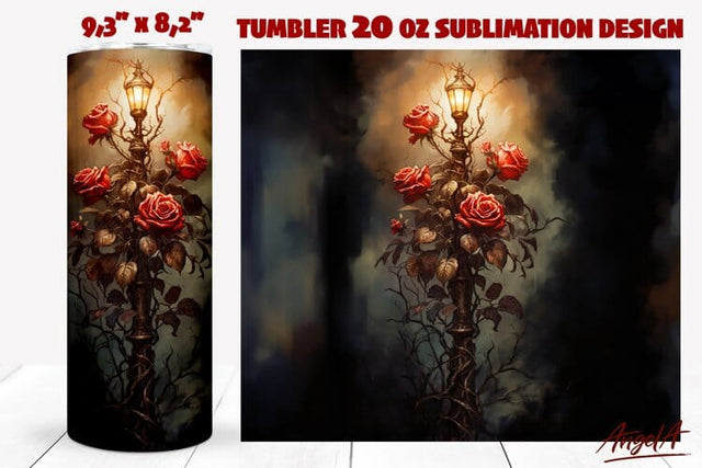 Gothic tumbler wrap / street lamp, gothic flowers, dark Sublimation Angelina Semenova 