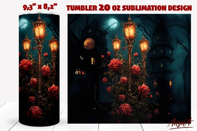Gothic tumbler wrap / street lamp, gothic flowers, dark Sublimation Angelina Semenova 