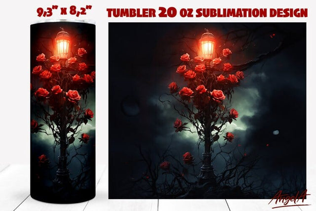 Gothic tumbler wrap / street lamp with gothic flowers roses Sublimation Angelina Semenova 