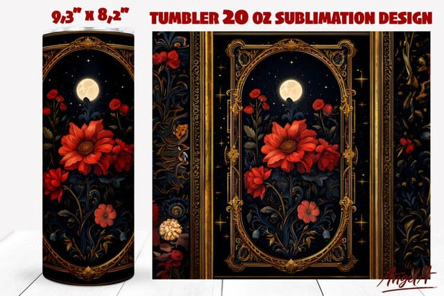 Gothic tumbler wrap / tarot card of red flowers, border Sublimation Angelina Semenova 
