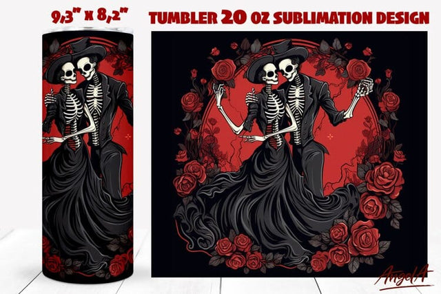 Gothic valentine tumbler wrap PNG, Skeleton couple, red rose Sublimation Angelina Semenova 