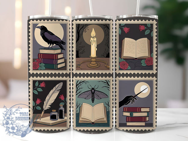 Gothic Vintage Books Stamp Tumbler, Stamp Collage Tumbler Wrap, Dark Academia Sublimation Design, 20Oz Skinny Tumbler Wrap, Vintage Book Lover Drinkware, Gothic Library Tumbler, Antique Stamp Wrap Sublimation ToriDesigns 