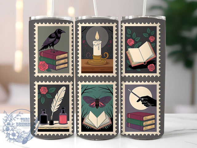 Gothic Vintage Books Stamp Tumbler, Stamp Collage Tumbler Wrap, Dark Academia Sublimation Design, 20Oz Skinny Tumbler Wrap, Vintage Book Lover Drinkware, Gothic Library Tumbler, Antique Stamp Wrap Sublimation ToriDesigns 