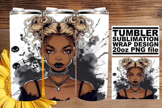 Gothic Watercolor Halloween Tumbler Wrap Afro Woman Sublimation afrosvg 