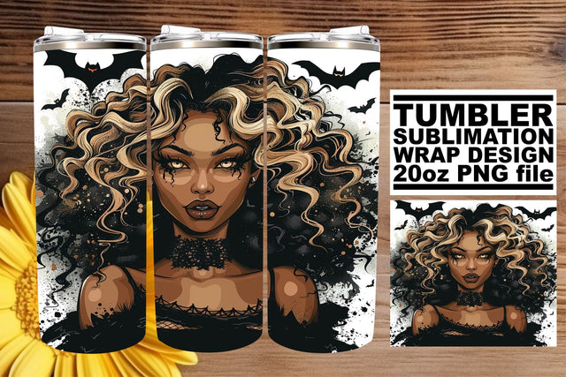 Gothic Watercolor Tumbler Wrap Halloween Afro Woman Sublimation afrosvg 