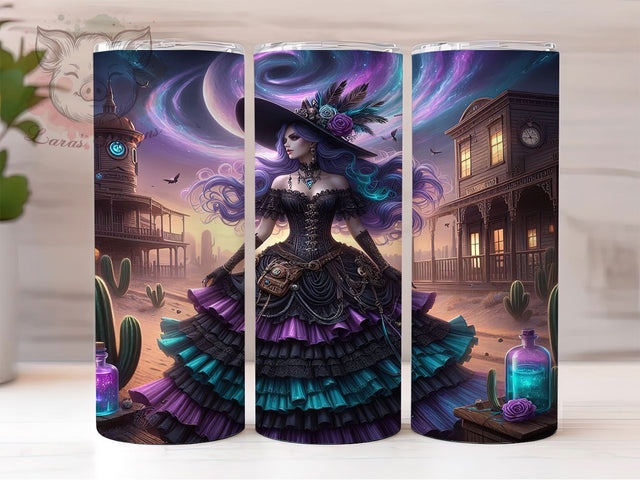 Gothic Western Witch Cowgirl Tumbler, Western Witch Cup, 20Oz Skinny Tumbler Wrap, Spooky Cowgirl Sublimation, Witchy Vibes Drinkware, Halloween Western Gift, Digital Gothic Western Art Sublimation Lara' s Designs 