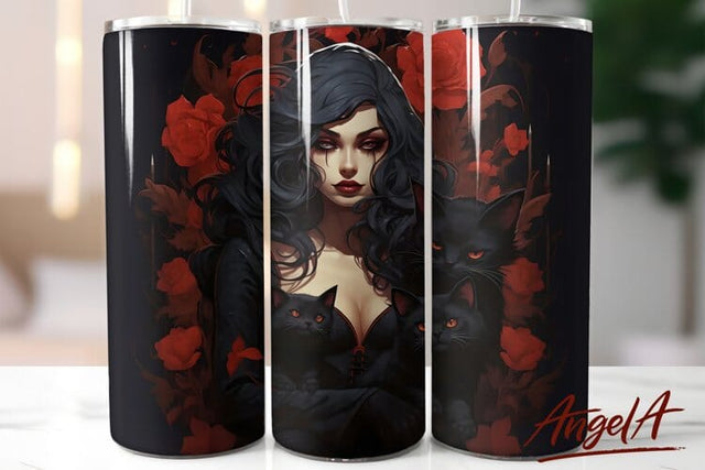 Gothic witch, black cat, gothic roses / halloween tumbler Sublimation Angelina Semenova 