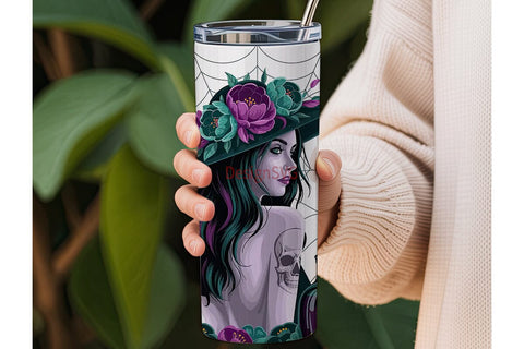 Gothic Witch Floral Skull 20oz Tumbler Sublimation DesignSVG 