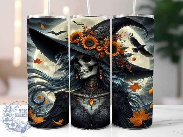 Gothic Witch Skull Pumpkin Halloween Tumbler, Skull Girl Halloween Wrap, Pumpkin And Raven Cup, Full Moon Witch Sublimation, Spooky Gothic Drinkware, Haunted Night Tumbler, Halloween Skull Cup Design Sublimation ToriDesigns 