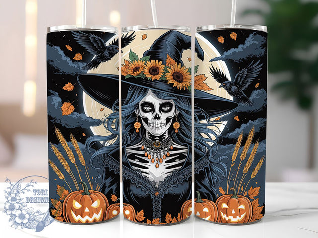 Gothic Witch Skull Pumpkin Halloween Tumbler, Skull Girl Halloween Wrap, Pumpkin And Raven Cup, Full Moon Witch Sublimation, Spooky Gothic Drinkware, Haunted Night Tumbler, Halloween Skull Cup Design Sublimation ToriDesigns 