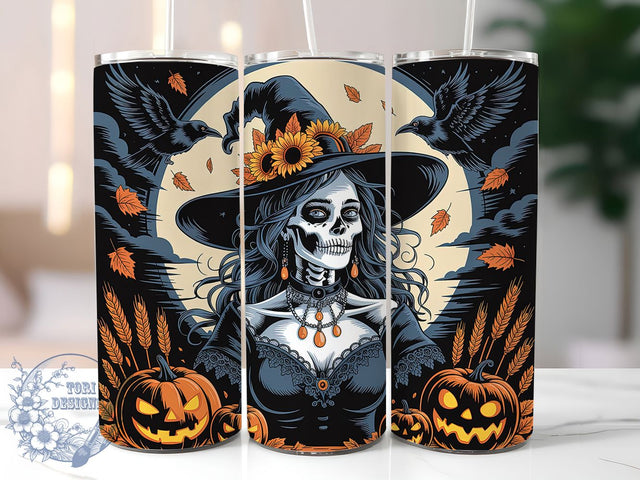 Gothic Witch Skull Pumpkin Halloween Tumbler, Skull Girl Halloween Wrap, Pumpkin And Raven Cup, Full Moon Witch Sublimation, Spooky Gothic Drinkware, Haunted Night Tumbler, Halloween Skull Cup Design Sublimation ToriDesigns 
