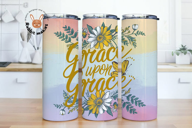 Grace upon Grace Sublimation Tumbler, Ombre Rainbow 20 oz Skinny Tumbler, Bible Verse Tumbler PNG, Christian Tumbler Wrap Sublimation Rabbitmakies 
