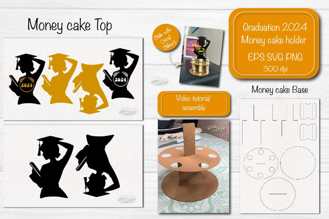 Graduation 2024 money cake SVG Graduation Cap 2024 Money holder SVG Cardstock money cake SVG Createya Design 