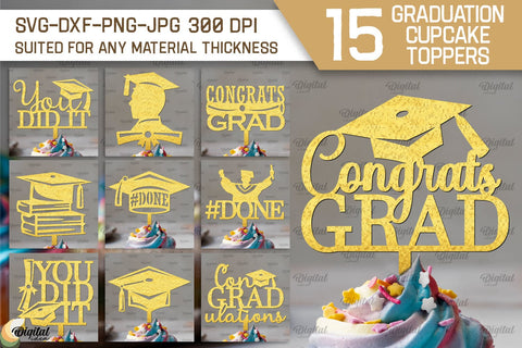 Graduation Cake Toppers SVG. Cupcake Toppers Laser Cut SVG Evgenyia Guschina 