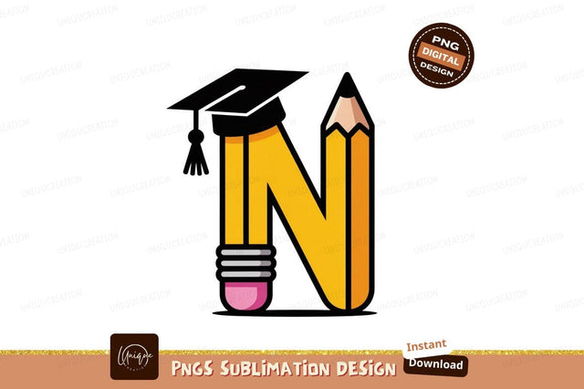 Graduation Cap Pencil Letter N education learning Sublimation Designangry 