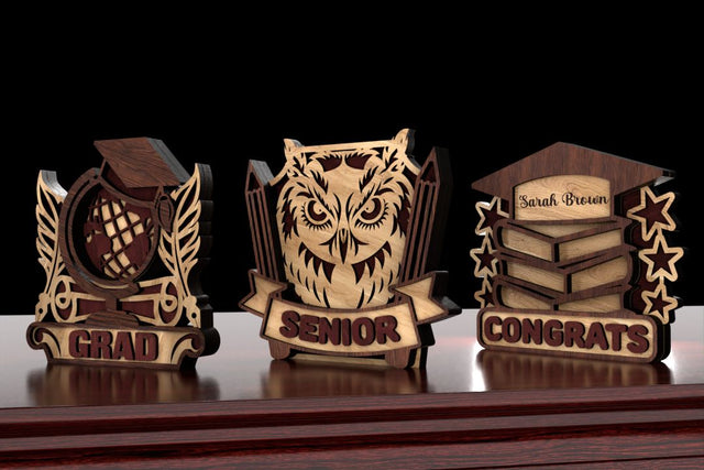 Graduation Stand Set with Owl, Globe, and Books SVG LaserCutano 