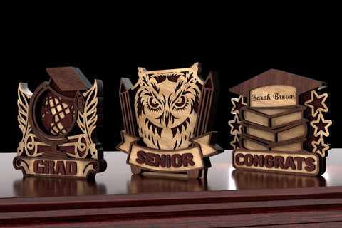 Graduation Stand Set with Owl, Globe, and Books SVG LaserCutano 