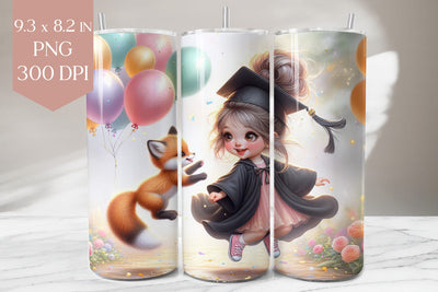 Graduation Tumbler Wrap PNG, Girl & Balloons Design Sublimation BijouBay 