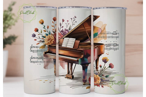 Grand Piano & Flowers Tumbler Wrap Sublimation PixelChick 