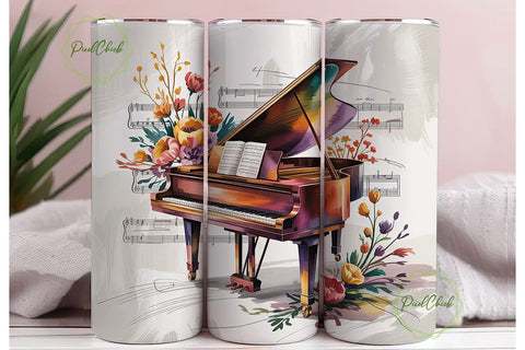 Grand Piano & Flowers Tumbler Wrap Sublimation PixelChick 