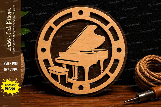 Grand Piano Round Ornament Laser Cut SVG File SVG Regulrcrative 