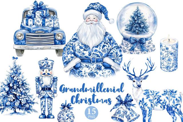 Grandmillenial Christmas Clipart | Blue Chinoiserie PNG SVG GlamArtZhanna 