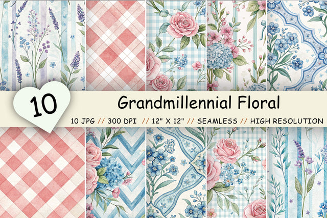 Grandmillennial Floral Digital Paper, Seamless Watercolor Vintage Pattern Pack, Printable Scrapbook Paper, Pink Blue Design Bundle Digital Pattern FloridPrintables 