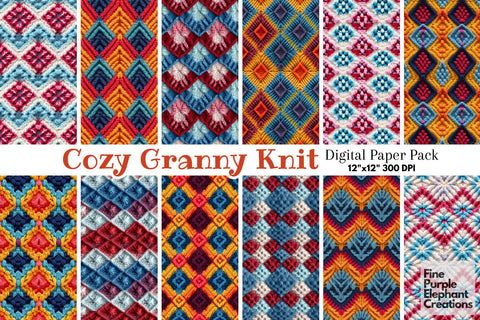 Granny Square Knit Fabric Texture Sublimation Digital Pattern Fine Purple Elephant Creations 