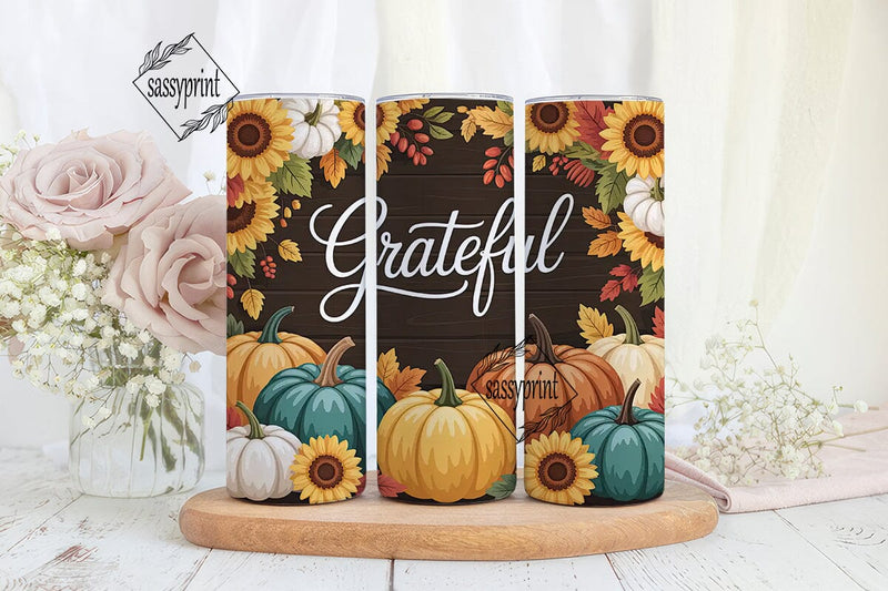 Grateful Fall Floral 20oz Tumbler Wrap Sublimation sassyprint 