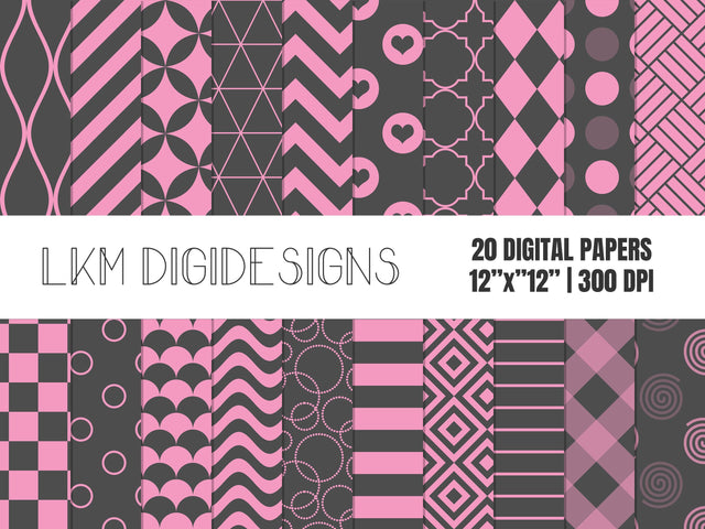 Gray and Pink Digital Paper Pack Digital Pattern LKM DigiDesigns 