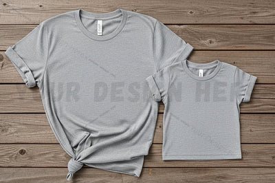 Gray t-shirt mockup design for adult and child Mock Up Photo Regulrcrative 