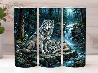 Gray Wolves Moonlit Forest 20oz Tumbler, Moonlit Forest, Rocky Cliff, Waterfall Scene, Majestic Wilderness, 20oz Tumbler Wrap, Sublimation PNG Sublimation Lara' s Designs 