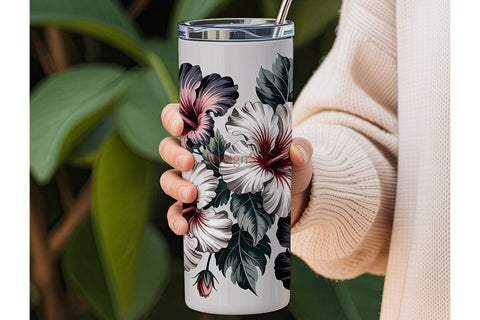 Grayscale Hibiscus 20oz Tumbler Wrap Sublimation DesignSVG 