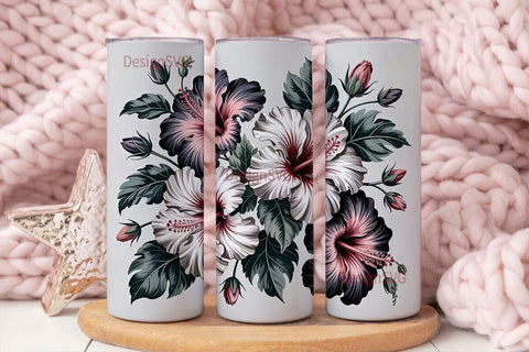Grayscale Hibiscus 20oz Tumbler Wrap Sublimation DesignSVG 