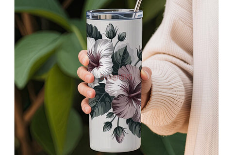Grayscale Hibiscus 20oz Tumbler Wrap Sublimation DesignSVG 