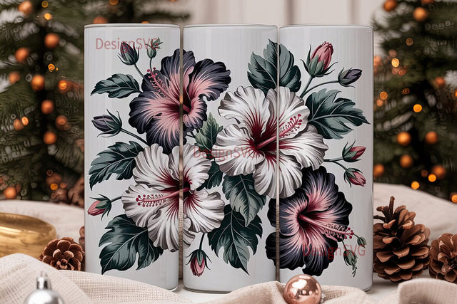 Grayscale Hibiscus 20oz Tumbler Wrap Sublimation DesignSVG 