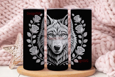 Grayscale Wolf & Roses 20oz Tumbler Wrap Sublimation DesignSVG 