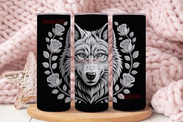 Grayscale Wolf & Roses 20oz Tumbler Wrap Sublimation DesignSVG 