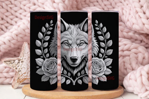 Grayscale Wolf & Roses 20oz Tumbler Wrap Sublimation DesignSVG 