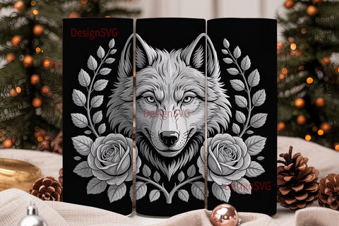 Grayscale Wolf & Roses 20oz Tumbler Wrap Sublimation DesignSVG 
